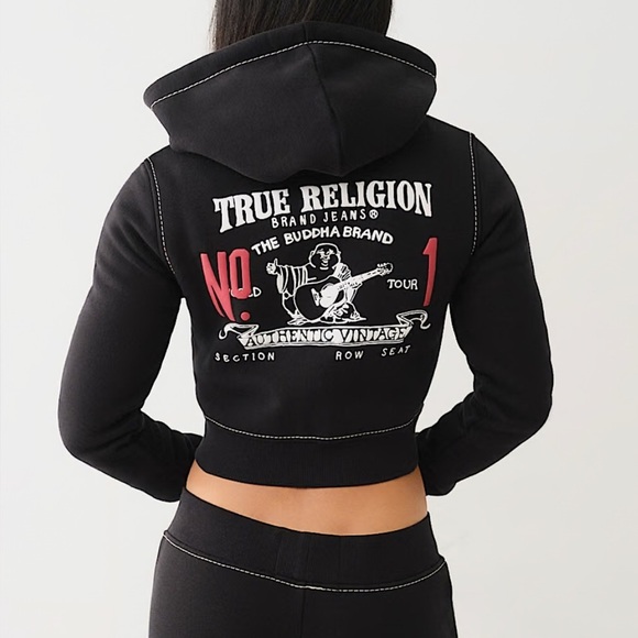 Women’s True Religion Shruken Zip Up Hoodie Big T, Black, Medium - Picture 3 of 10